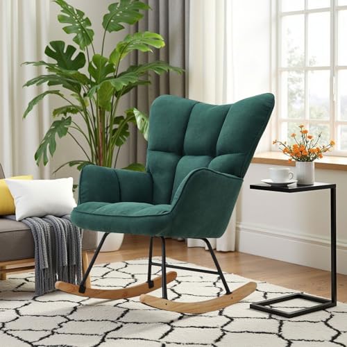 DARDVORLAG Samt-Schaukelstuhl Grün – Ergonomischer Relaxstuhl Chenille-Samtbezug, gepolsterter Sitz Schwingsessel Holz-Kufen, Metallrahmen, Designer-Schaukelsessel für Wohnzimmer & Schlafzimmer von DARDVORLAG