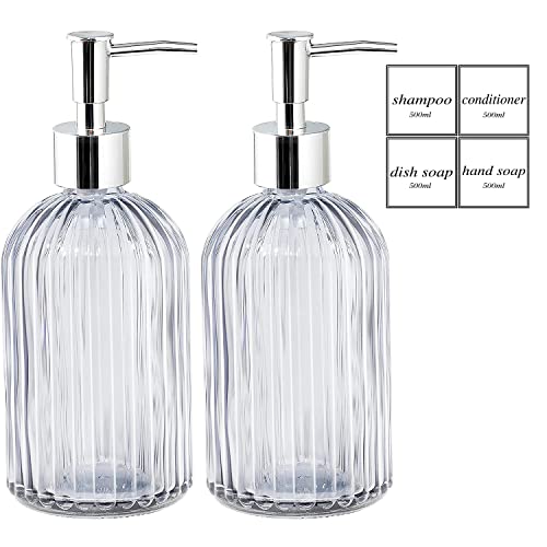 DARENYI 2er Seifenspender Glas, 500ml Pumpspender, Duschgel Spender, Nachfüllbar, Transparent, Beschriftet, für Spülmittel, Shampoo und Lotion, Seifenspender für Küche, Badezimmer von DARENYI
