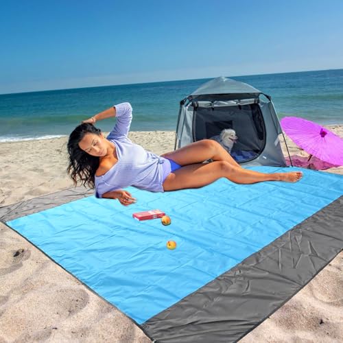 DARENYI Picknickdecke Stranddecke,Stranddecke Sandfrei,Stranddecke Super Groß,Strandmatte Campingdecke,Picknickdecke 210x200cm Wasserdicht,für Park,Garten,Strand,faltbar(Blau-Grau) von DARENYI