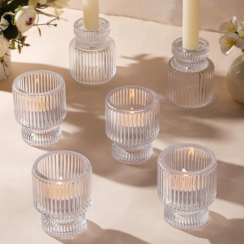 Kerzenhalter aus klarem Glas mit vertikalen Streifen, Doppelnutzung für Stabkerzen und Votivkerzen/Teelichter, Spitzkerzenhalter für Esstisch, Hochzeit, Zuhause, Party-Dekoration, Geschenke, 6 Stück Kerzenhalter aus klarem Glas mit vertikalen Streifen, Doppelnutzung für Stabkerzen und Votivkerzen/Teelichter, Spitzkerzenhalter für Esstisch, Hochzeit, Zuhause, Party-Dekoration, Geschenke, 6 Stück von DARJEN