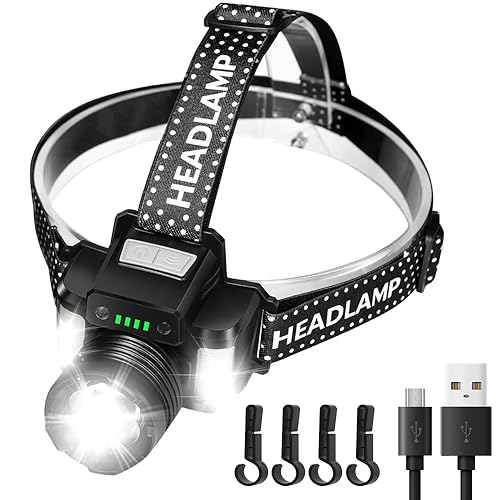 DARKBEAM LED Stirnlampe 2000 Lumen Aufladbar USB Superhelle Taschenlampe für Schutzhelm mit rotem blauem Licht und Bewegungssensor, Fokus einstellbar, Wasserdichte für Auto Wartung, Camping von DARKBEAM