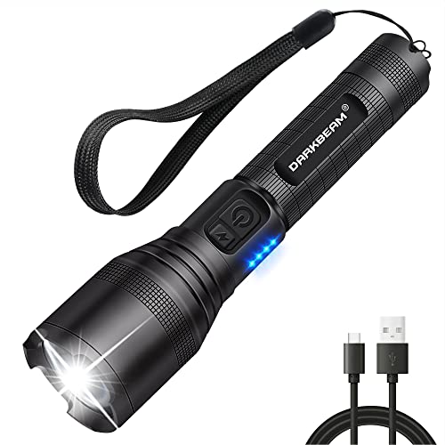 DARKBEAM Taschenlampe LED Wiederaufladbar USB 260000LM Starke, Kleine Helle Taschenlampen Batteriebetrieben Fokus Einstellbar Wasserdicht Blitzlicht für Camping, Wandern, Überleben mit Akku von DARKBEAM