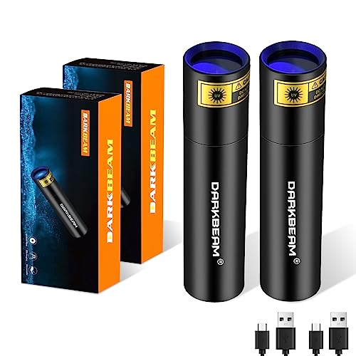 DARKBEAM UV 365nm Taschenlampe Schwarzlicht Aufladbar USB, Mini Ultraviolett LED Licht Woodsche Lampe, Schwarzlichttaschenlampen Blacklight für Flecken, Heimtierurindetektoren, Harzaushärtung, 2 Stück von DARKBEAM