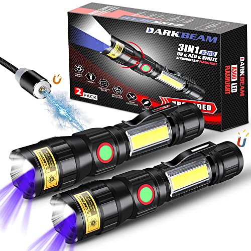 DARKBEAM A200 UV 365nm Taschenlampen USB Magnetisch Aufladbar LED Taschenlampe 3 in 1 Schwarzlicht, Ultraviolett Woodsche Lampe UV Licht 365 nm, Detektor für Tierurin/ Bernstein/ Fluoreszenz, 2 Stück von DARKBEAM