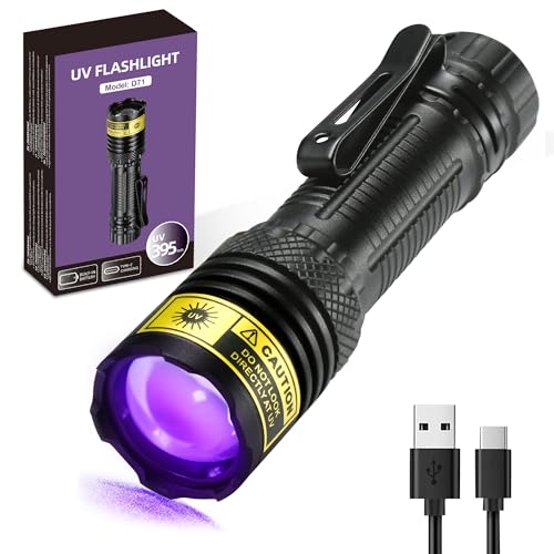 DARKDAWN UV Taschenlampe 395nm Schwarzlicht, Mini-leistungsstarke USB-C Taschenlampen LED wiederaufladbare Holz Lampe, tragbare einstellbare Fokus Schwarzlicht Taschenlampen für Haustier Urin Flecken von DARKDAWN