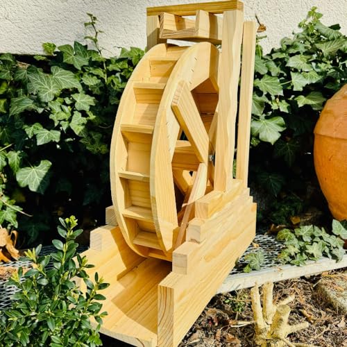DARLUX Garten-Deko Holz Wasserrad XL mit Rinne I Wasserspiel I Wassermühle I Gartendekoration I Deko Kaskade I Höhe 59 cm Natur von DARLUX