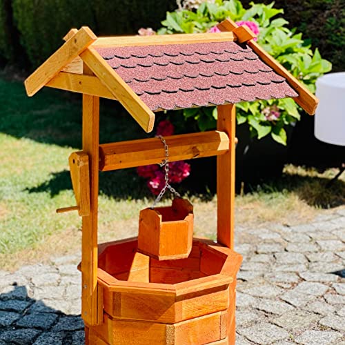 DARLUX Großer Handgefertigter Garten-Deko-Achteck-Brunnen aus Holz Braun/Grün Höhe 84 cm für den Garten/Outdoor Bereich lasiert. In Schwarz, Rot oder Grün. (Rot) von DARLUX