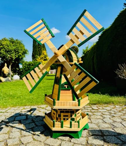 DARLUX Handgefertigte sechseck Doppelstock Garten Windmühle aus Holz Natur/Grün Höhe 93 cm von DARLUX