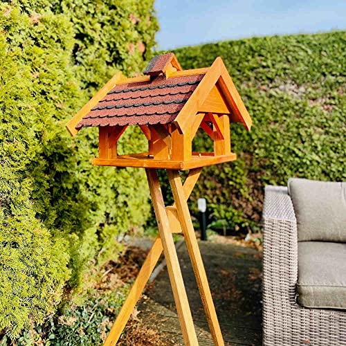 DARLUX Rechteckiges Vogel Futter Haus L - XL Futterstelle Holz Vogelhaus wetterfest für den Garten oder Balkon. Mit Bitum Schindeldach. (XL mit Ständer, Rot - Braun) von DARLUX