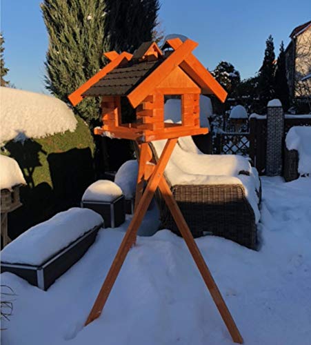 DARLUX Rechteckiges Vogelhaus M - XL wetterfest aus Holz Vogel Futterstelle Haus mit und ohne Ständer (Größe XL mit Ständer, Schwarz - Braun) von DARLUX