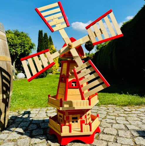 DARLUX Sechseck Doppelstock-Garten-Windmühle aus Holz Natur/Rot Höhe 93 cm von DARLUX