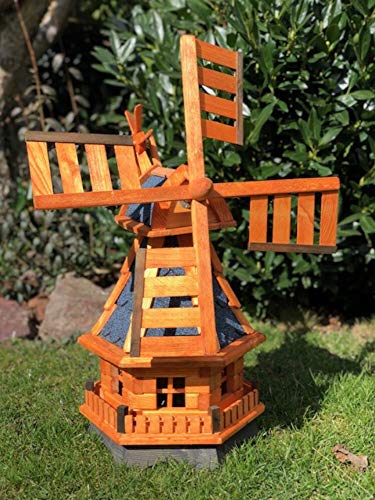 DARLUX dekorative handgefertigte Garten Windmühle aus Holz kugelgelagert I imprägniert in Braun I wetterfest I Windrad hinten am Kopf I Größen (Blau L) von DARLUX
