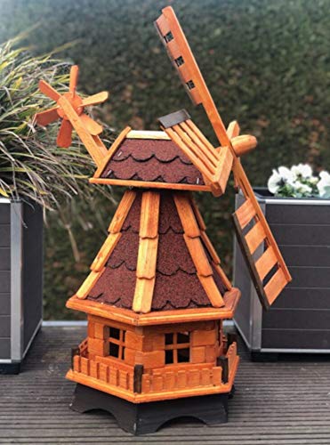 DARLUX dekorative handgefertigte Garten Windmühle aus Holz kugelgelagert I imprägniert in Braun I wetterfest I Windrad hinten am Kopf I Größen (Rot L) von DARLUX