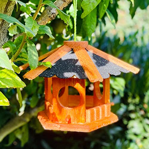 DARLUX Vogel Futter Haus Futterstelle Sechseck aus Holz Vogelhaus zum Hängen Braun und verschiedenen Dachfarben und Größen (Groß, Braun/Schwarz) von DARLUX