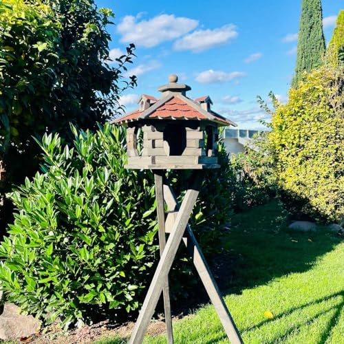 DARLUX Vogel Futter Haus L Futterstelle Sechseck Vogelhaus+ Ständer Braun/Rot von DARLUX