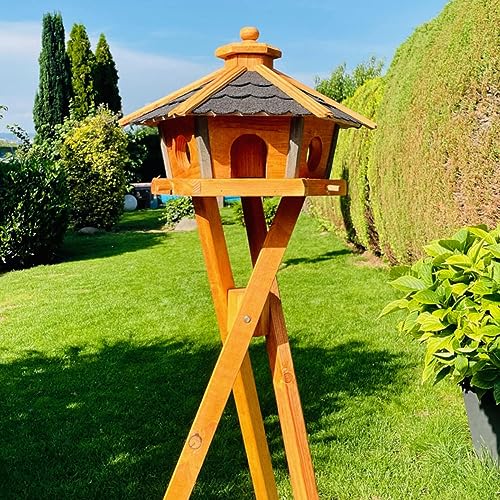 DARLUX Vogel Futter Haus L oder XL Sechseck Holz Vogelhaus Futterstelle Braun/Blau, Rot, Schwarz und Grün (Größe L mit Ständer, Schwarz - Braun) von DARLUX