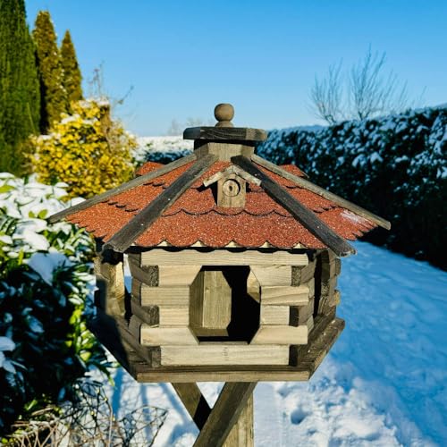 DARLUX Vogelfutterhaus XL Sechseck Holz Vogelhaus Futterstelle Braun/Rot von DARLUX