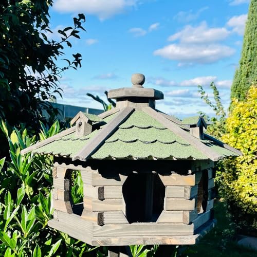 DARLUX Vogelfutterhaus XL Sechseck Vogelhaus + Ständer Futterstelle Braun/Grün von DARLUX