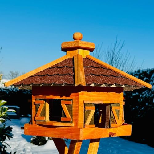 DARLUX handgefertigtes Sechseck Vogelhaus aus Holz wetterfest XL mit und ohne Ständer, Futterhaus, Futterhäuschen, Bitumschindel Dach (Rot - Braun, XL ohne Ständer) von DARLUX