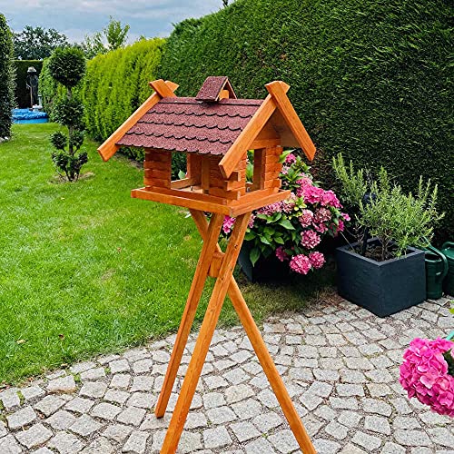 DARLUX Rechteckiges Vogelhaus M - XL wetterfest aus Holz Vogel Futterstelle Haus mit und ohne Ständer (Größe XL mit Ständer, Rot - Braun) von DARLUX