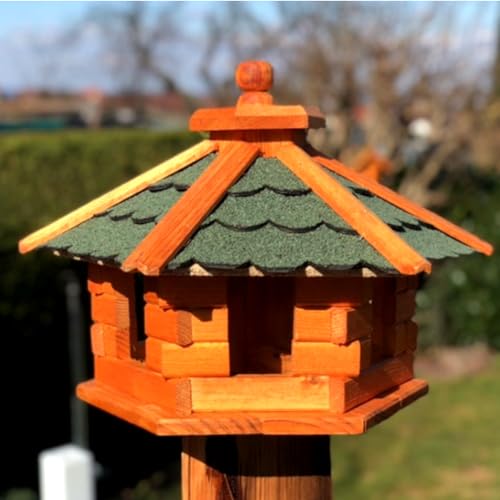 DARLUX handgefertigtes Sechseck Vogelhaus aus Holz wetterfest M - XL mit und ohne Ständer, Futterhaus, Futterhäuschen (Größe M ohne Ständer, Grün - Braun) von DARLUX