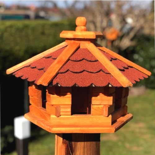 DARLUX Handgefertigtes Sechseck Vogelhaus aus Holz wetterfest M - XXL mit und ohne Ständer, Futterhaus, Futterhäuschen (Größe M ohne Ständer, Rot - Braun) von DARLUX