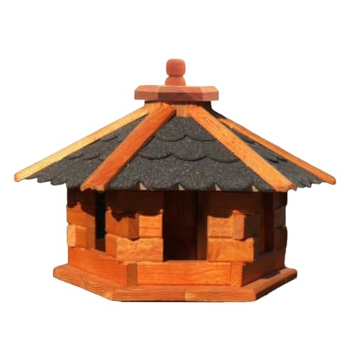 DARLUX handgefertigtes Sechseck Vogelhaus aus Holz wetterfest M - XL mit und ohne Ständer, Futterhaus, Futterhäuschen (Größe M ohne Ständer, Schwarz - Braun) von DARLUX