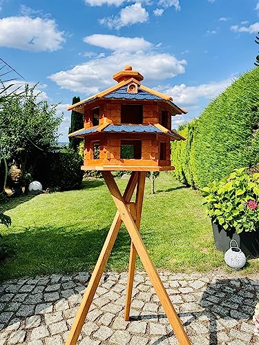 DARLUX Vogelvilla wetterfest von L bis XL Futterhaus Vogelhaus mit oder ohne Ständer in Braun mit Rot, Grün oder Blau für Garten und Balkon (Größe L mit Ständer, Blau - Braun) von DARLUX