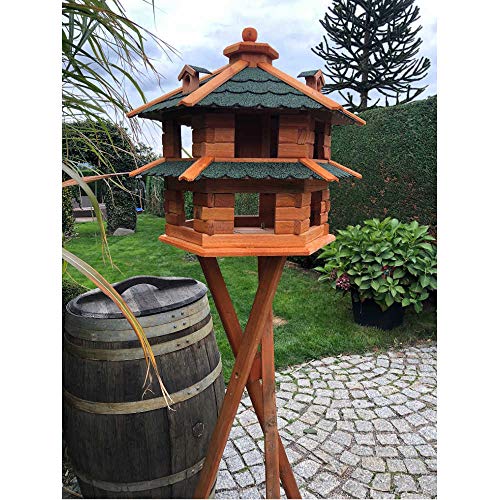 DARLUX Vogelvilla wetterfest von L bis XL Futterhaus Vogelhaus mit oder ohne Ständer in Braun mit Rot, Grün oder Blau für Garten und Balkon (Größe L mit Ständer, Grün - Braun) von DARLUX