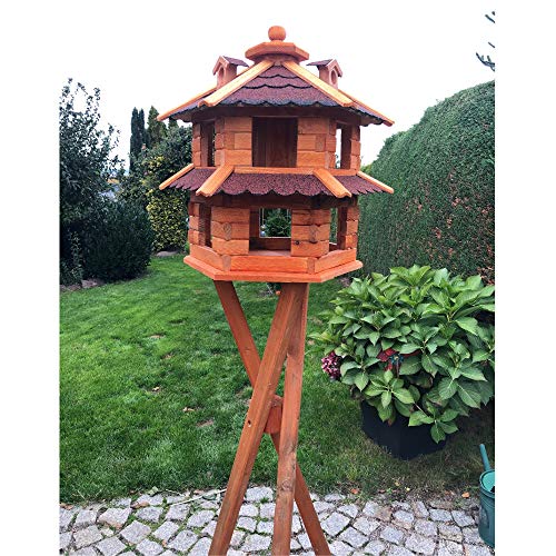 DARLUX Vogelvilla wetterfest von L bis XL Futterhaus Vogelhaus mit oder ohne Ständer in Braun mit Rot, Grün oder Blau für Garten und Balkon (Größe L mit Ständer, Rot - Braun) von DARLUX