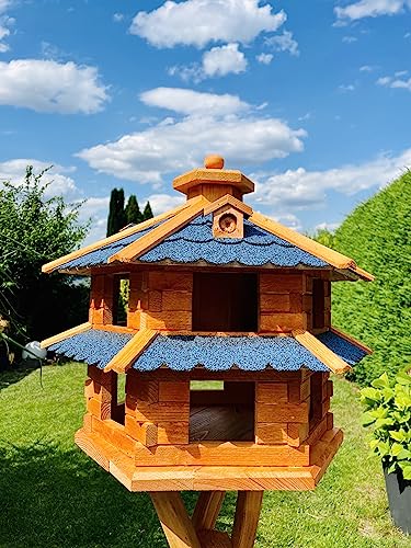 DARLUX Vogelvilla wetterfest von L bis XL Futterhaus Vogelhaus mit oder ohne Ständer in Braun mit Rot, Grün oder Blau für Garten und Balkon (Größe L ohne Ständer, Blau - Braun) von DARLUX