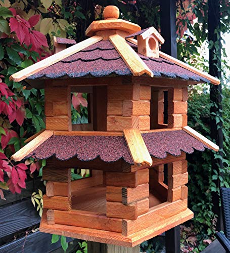 DARLUX Vogelvilla wetterfest von L bis XL Futterhaus Vogelhaus mit oder ohne Ständer in Braun mit Rot, Grün oder Blau für Garten und Balkon (Größe L ohne Ständer, Rot - Braun) von DARLUX