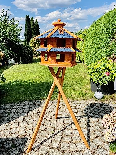 DARLUX Vogelvilla wetterfest von L bis XL Futterhaus Vogelhaus mit oder ohne Ständer in Braun mit Rot, Grün oder Blau für Garten und Balkon (Größe XL mit Ständer, Blau - Braun) von DARLUX