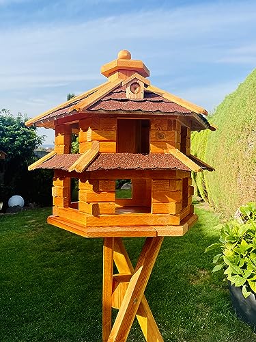 DARLUX Vogelvilla wetterfest von L bis XL Futterhaus Vogelhaus mit oder ohne Ständer in Braun mit Rot, Grün oder Blau für Garten und Balkon (Größe XL mit Ständer, Rot - Braun) von DARLUX