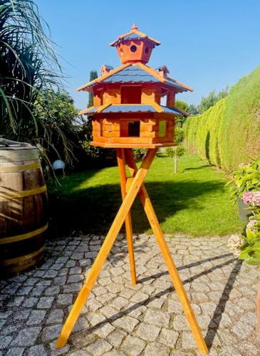 DARLUX Vogelvilla wetterfest von L bis XXL Futterhaus Vogelhaus mit oder ohne Ständer in Braun mit Rot, Grün oder Blau für Garten und Balkon (Größe XXL mit Ständer, Blau - Braun) von DARLUX