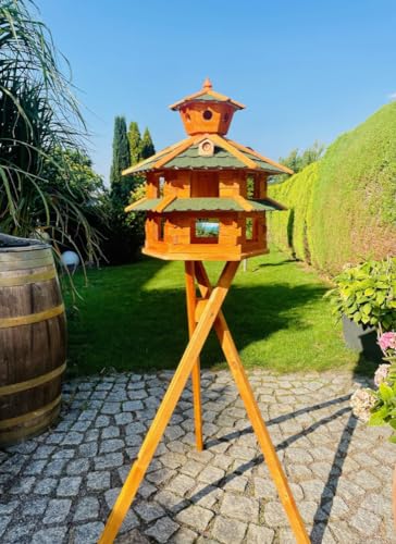 DARLUX Vogelvilla wetterfest von L bis XXL Futterhaus Vogelhaus mit oder ohne Ständer in Braun mit Rot, Grün oder Blau für Garten und Balkon (Größe XXL mit Ständer, Grün - Braun) von DARLUX