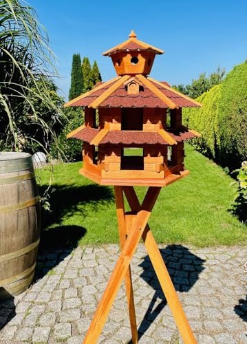 DARLUX Vogelvilla wetterfest von L bis XXL Futterhaus Vogelhaus mit oder ohne Ständer in Braun mit Rot, Grün oder Blau für Garten und Balkon (Größe XXL mit Ständer, Rot - Braun) von DARLUX