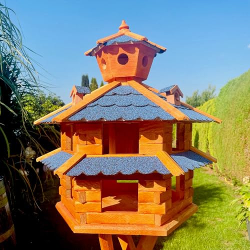 DARLUX Vogelvilla wetterfest von L bis XXL Futterhaus Vogelhaus mit oder ohne Ständer in Braun mit Rot, Grün oder Blau für Garten und Balkon (Größe XXL ohne Ständer, Blau - Braun) von DARLUX