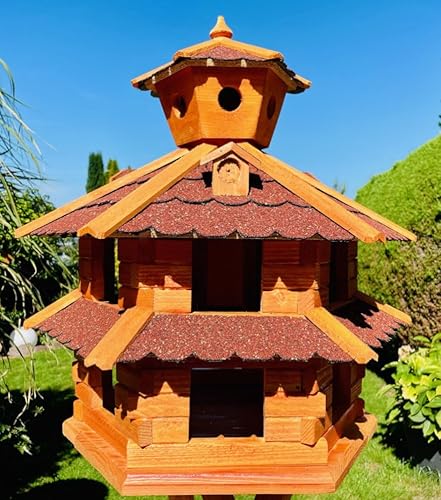 DARLUX Vogelvilla wetterfest von L bis XXL Futterhaus Vogelhaus mit oder ohne Ständer in Braun mit Rot, Grün oder Blau für Garten und Balkon (Größe XXL ohne Ständer, Rot - Braun) von DARLUX
