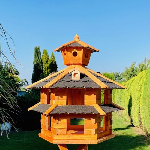 DARLUX Vogelvilla wetterfest von L bis XXL Futterhaus Vogelhaus mit oder ohne Ständer in Braun mit Rot, Grün oder Blau für Garten und Balkon (Größe XXL ohne Ständer, Schwarz - Braun) von DARLUX