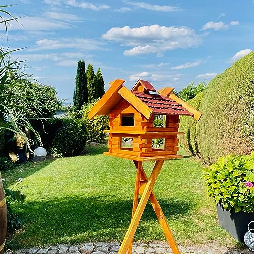 DARLUX handgefertigtes rechteckiges Vogelhaus/Vogelvilla M - XXL wetterfest aus Holz Vogel Futterstelle Haus mit und ohne Ständer (Größe XXL mit Ständer, Rot - Braun) von DARLUX