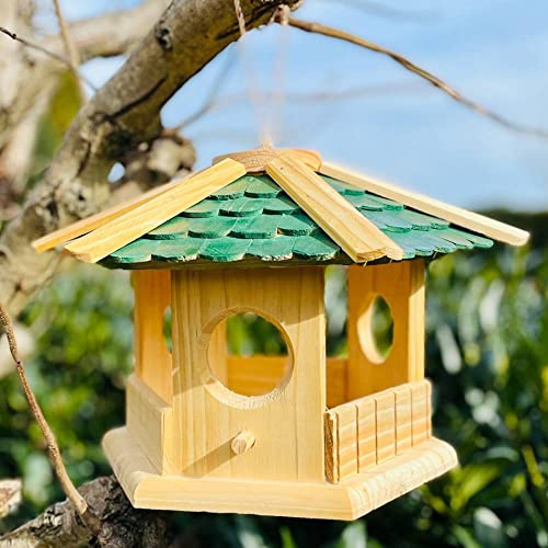 DARLUX handgefertigtes Sechseck Holz Vogel Futter Haus XL Ø 37cm Futterstelle Hängend Natur/Grün Vogelhaus zum aufhängen von DARLUX