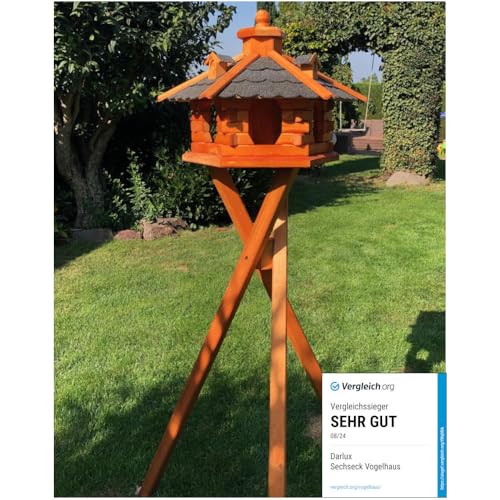 DARLUX Handgefertigtes Sechseck Vogelhaus aus Holz wetterfest M - XL mit und ohne Ständer I Futterhaus I Futterhäuschen I wetterfest I Bitumdach (Größe XL mit Ständer, Schwarz - Braun) von DARLUX