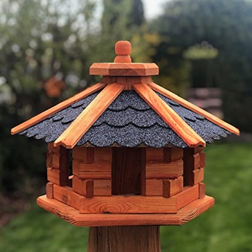 DARLUX Handgefertigtes Sechseck Vogelhaus aus Holz wetterfest M - XXL mit und ohne Ständer, Futterhaus, Futterhäuschen (Größe M ohne Ständer, Blau - Braun) von DARLUX