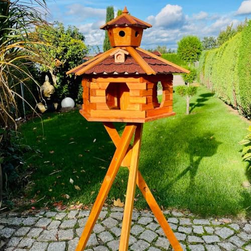 DARLUX handgefertigtes Sechseck Vogelhaus aus Holz wetterfest M - XXL mit und ohne Ständer, Futterhaus, Futterhäuschen (Größe XXL mit Ständer, Rot - Braun) von DARLUX