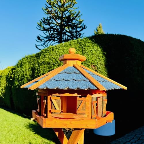 DARLUX handgefertigtes Sechseck Vogelhaus aus Holz wetterfest XL mit und ohne Ständer, Futterhaus, Futterhäuschen, Bitumschindel Dach (Blau - Braun, XL ohne Ständer) von DARLUX