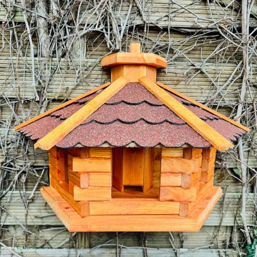 DARLUX handgefertigtes Wand Vogelfutterhaus XL Vogelhaus wetterfest Holz Futterstelle Hängend Braun, Rot von DARLUX