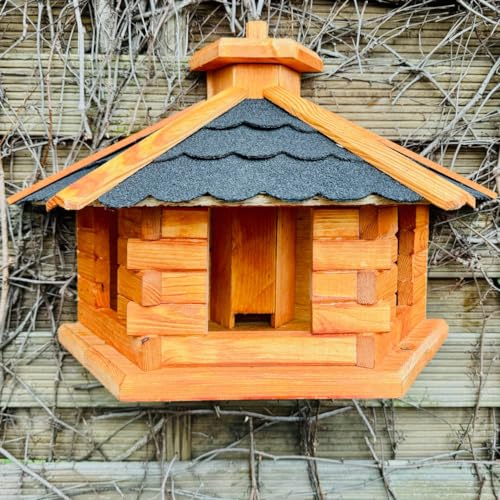 DARLUX handgefertigtes Wand Vogelfutterhaus XL Vogelhaus wetterfest lasiert Holz Futterstelle Hängend Braun, Bitumschindeldach Schwarz von DARLUX