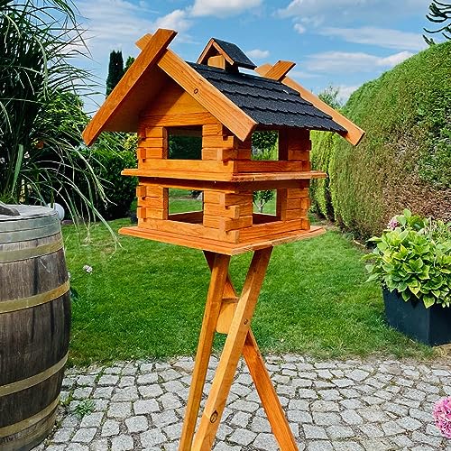 DARLUX handgefertigtes rechteckiges Vogelhaus/Vogelvilla M - XXL wetterfest aus Holz Vogel Futterstelle Haus mit und ohne Ständer (Größe XXL mit Ständer, Schwarz - Braun) von DARLUX