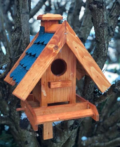 Darlux Rechteckiges Vogelhaus Vogel Futter Haus Futterstelle aus Holz (Dach: Bitumschindel, Braun/Blau) von DARLUX